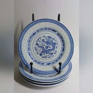4 Vintage Porcelain Chinese Dragon 6" Dessert Plates with Rice Eyes Trim